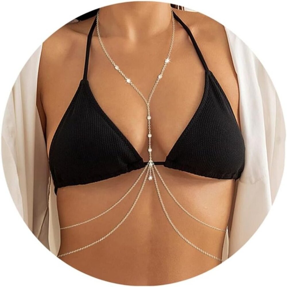 14K Diamond Silver Plated Body Chain Women Layered Rhinestone Bikini Bra Jewelry